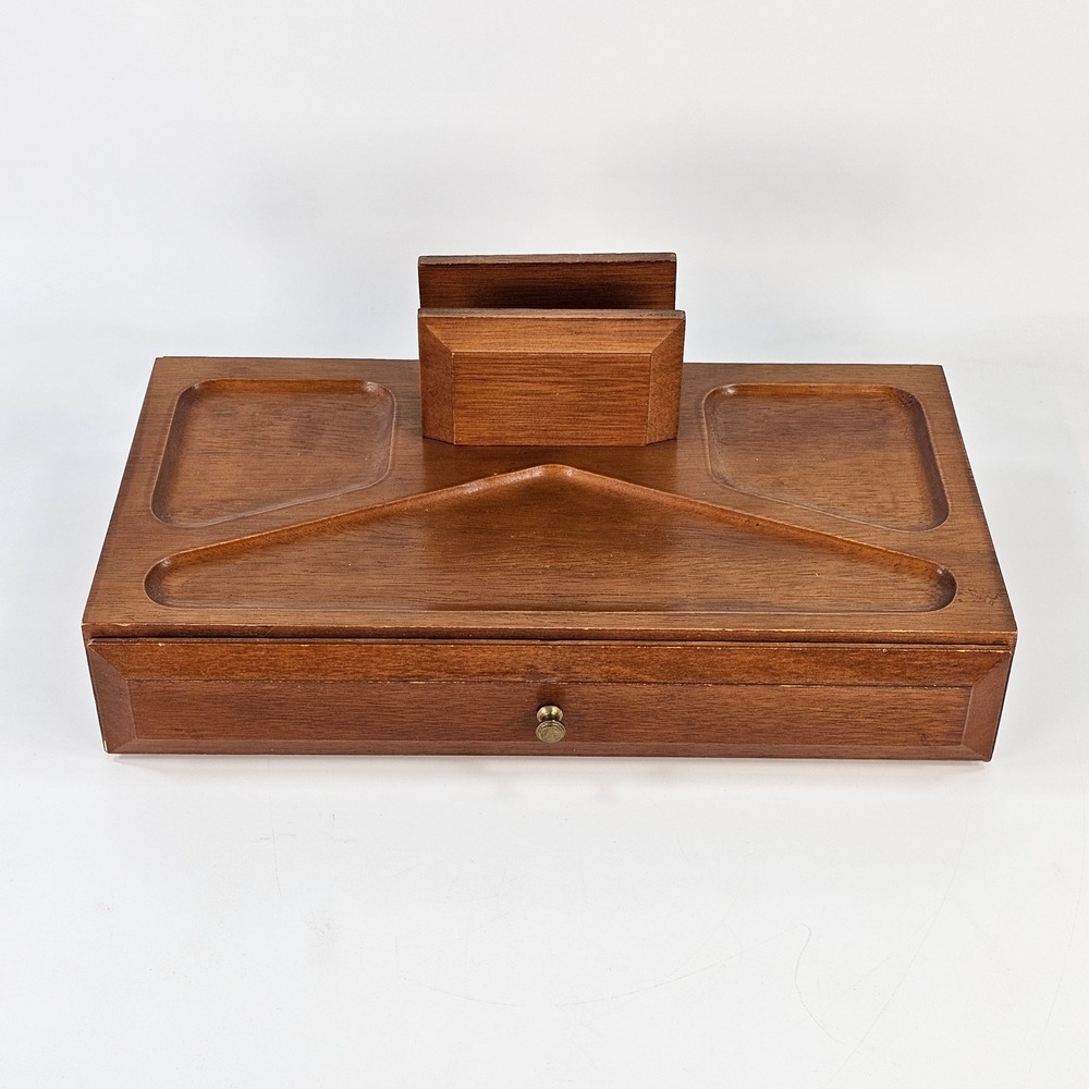 Vintage Wood Desk Organizer Valet Tray Yellow Felt Drawer Mid Century Style
